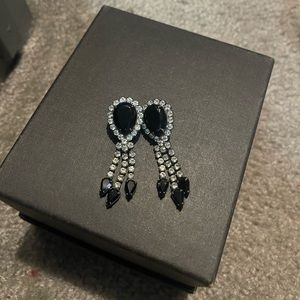 Vintage Runway Faux Onyx Rhinestone Silver Tone 3 Tiered Dangle Earrings